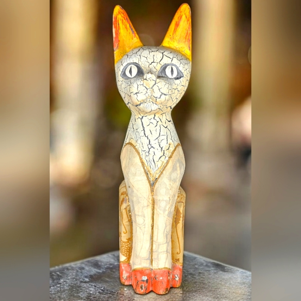 Hand Carved Mixed Media Folk Art Cat